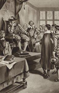 ジェームズ6世は、ピューリタンを教会に適合させるか、国外に連れ出すことを脅かす 作： English School